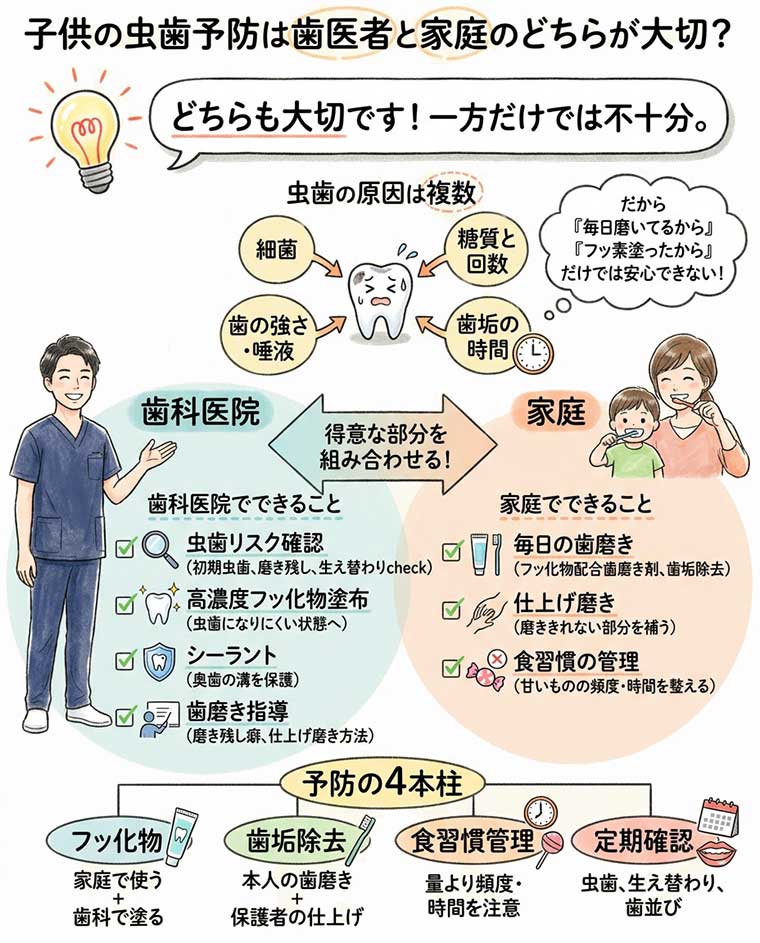子供の虫歯予防は歯医者と家庭のどちらが大切？の図解