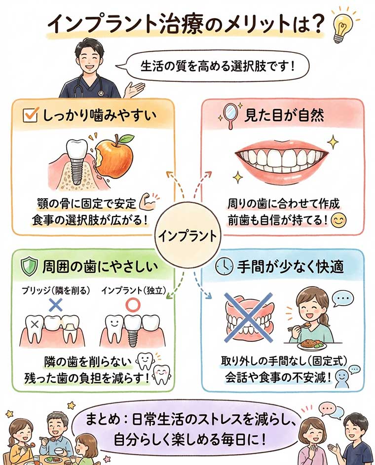 インプラント治療のメリットは？の図解