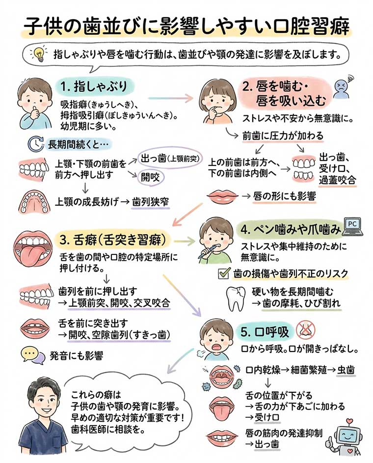 子供の歯並びに影響しやすい口腔習癖の図解