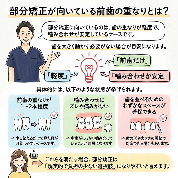 前歯の重なりは部分矯正で治せますか？の図解