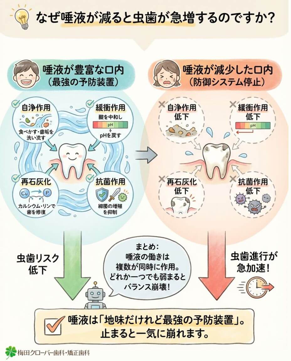 なぜ唾液が減ると虫歯が急増するのですか？