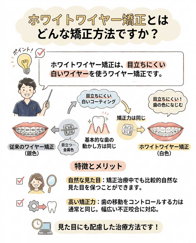 ホワイトワイヤー矯正とはどんな矯正方法ですか？の図解