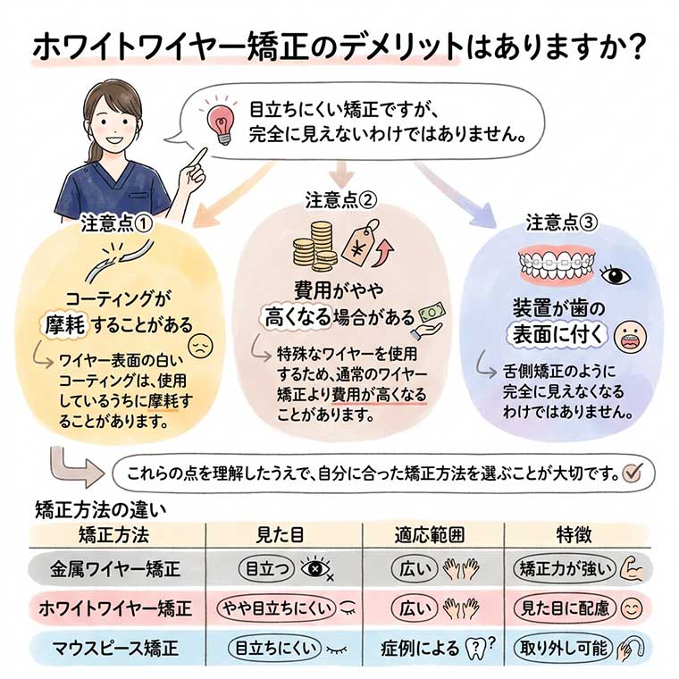 ホワイトワイヤー矯正のデメリットはありますか？の図解