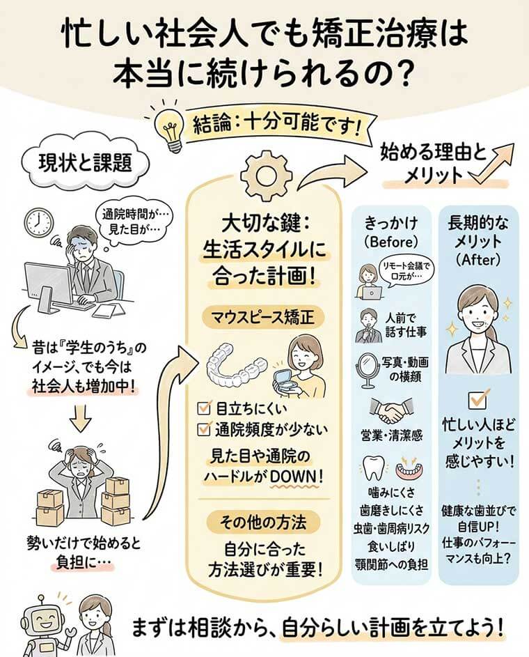 忙しい社会人でも矯正治療は本当に続けられるの？の図解