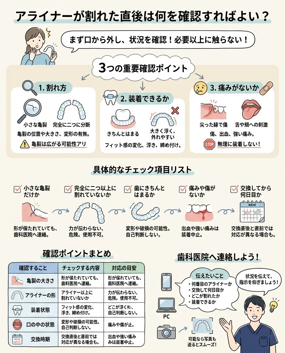 アライナーが割れた直後は何を確認すればいい？の図解