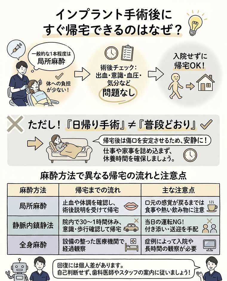 インプラント手術後にすぐ帰宅できるのはなぜ？の図解