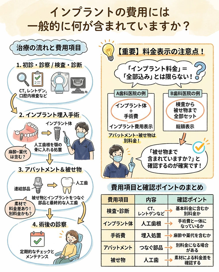 インプラントの費用には一般的に何が含まれていますか？の図解