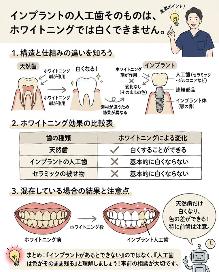 インプラントの人工歯そのものは、ホワイトニングでは白くできませんの図解