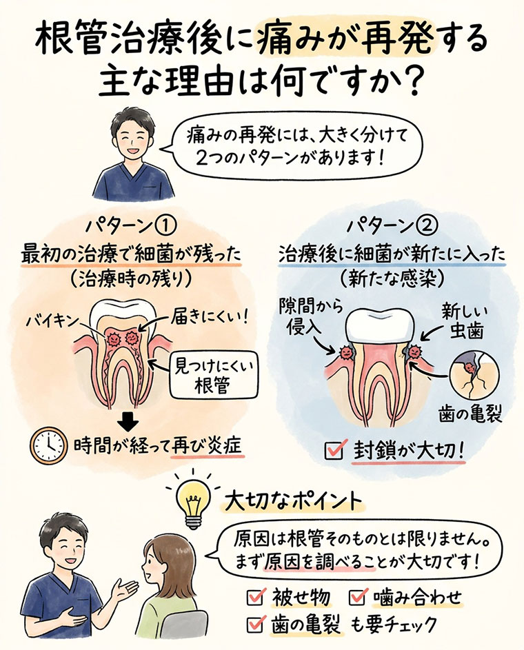 根管治療後に痛みが再発する主な理由は何ですか？の図解
