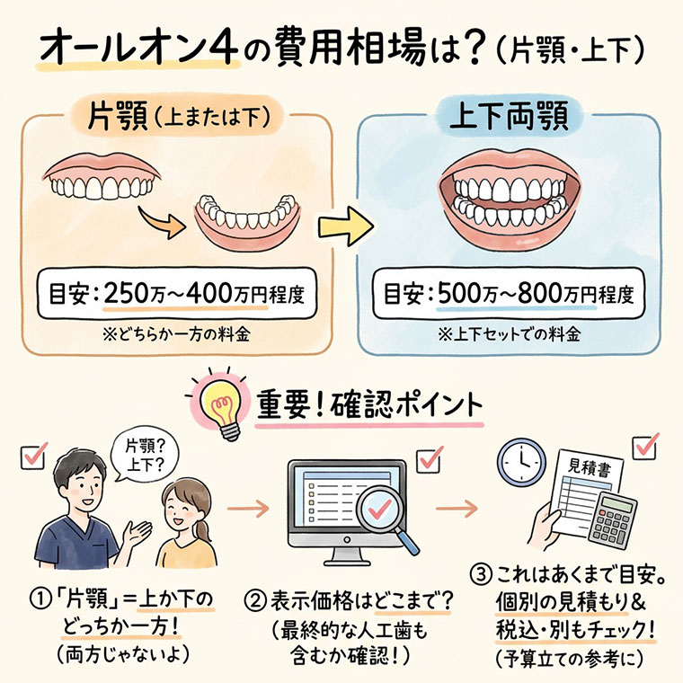 オールオン4の費用相場は片顎・上下でいくらですか？の図解