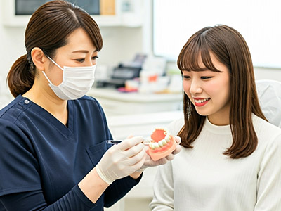 歯の模型を使って説明をする歯科医師