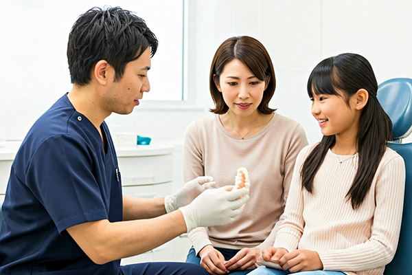 歯並びの説明を歯科医師から受ける親子